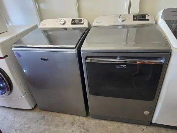 Maytag grey extra power top loading washer and gas dryer