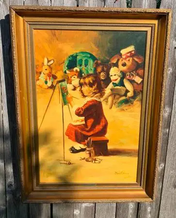 Framed Extra large original oil painting on canvas with a girl paintin