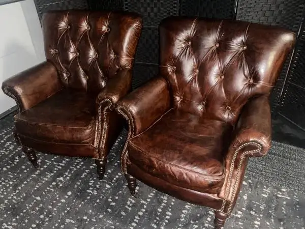 Orig $5000! PAIR of Vintage STEDMAN Chesterfield CIGAR Chairs