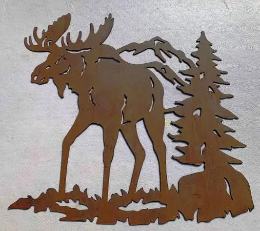 Steel moose mountain tree scene for Man cave