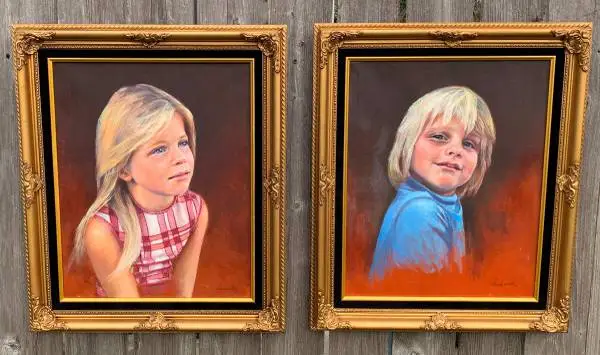 A pair of wood framed oil painting on canvas, boy and girl theme