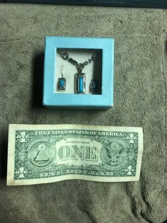 New silverplate square stud turquoise earrings & pendant necklace