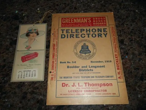 Antique Boulder and Longmont 1919 phone book and calendar