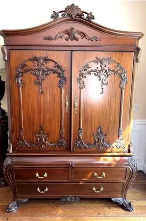 Custom Mahogany Armoire - French Rococo Style Pocket Doors - 3 Piece B