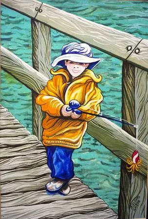 Framed Original Painting on Canvas of a boy fishing