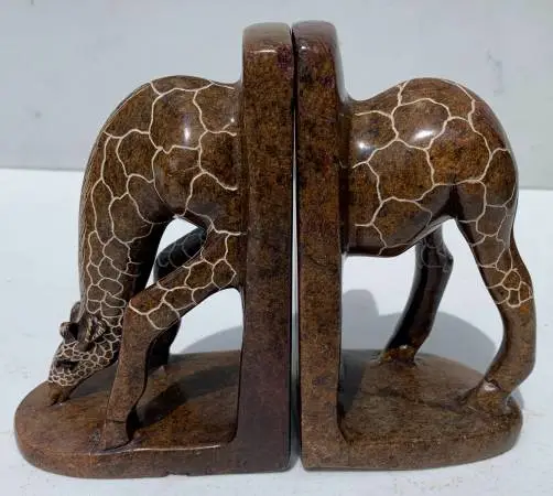 Soapstone bookend with Giraffe grazing and drinking motif
