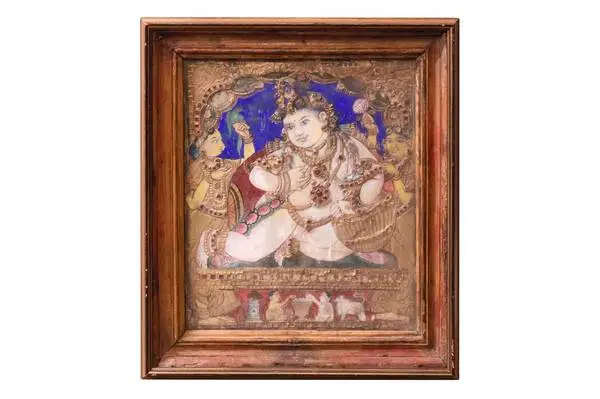 Tanjore Painting Krishna India India Gold Stealing Butter Antique