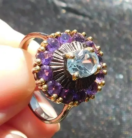 Natural Blue Topaz and 13 Amethyst Size8 Custom made ring Silver, Gold