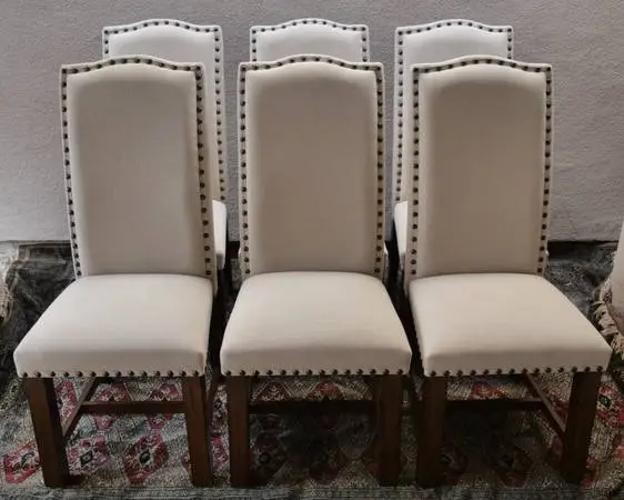 Collection of Six (6) Crown Mark Brand Wood and Fabric Dining Chairs