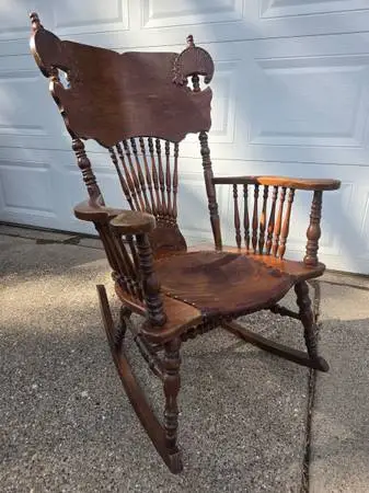 Antique Victorian Oak Pressback and Spindle Rocking Chair