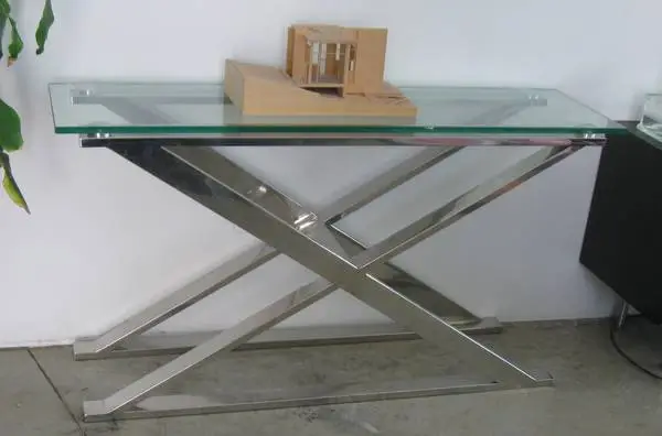 Barcelona chair style glass topped console table