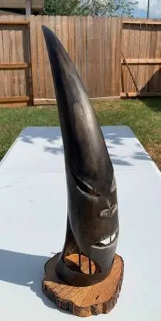 A giant horn carved with tribe man face