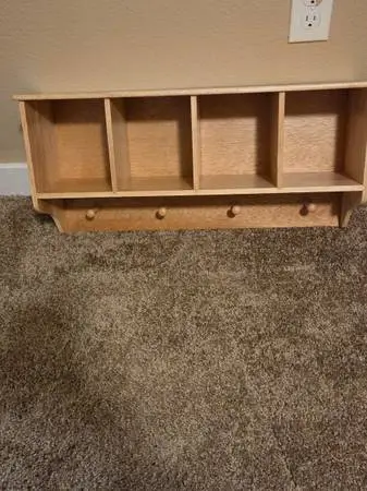 Solid  real wood hanging shelf w/ coat hooks & storage cubby spaces)
