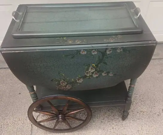 Rare Antique Imperial Drop Leaf Tea Cart w/ Removable Glass Tray
