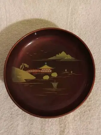 Vintage Japanese handmade wooden bowls with red and black lacquer fini