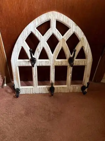 Gothic wood wall hanger with 5 cast iron hooks for coat hat hanger