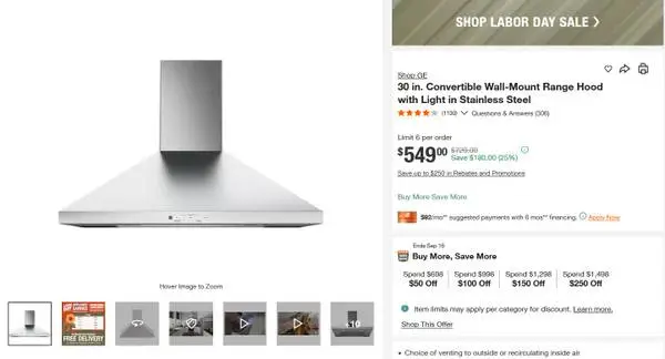 New GE 30 in. Convertible Wall-Mount Range Hood Light Stainless Steel