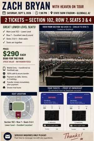 Zach Bryan 2 Tix Section 102 Row 7 Face Value
