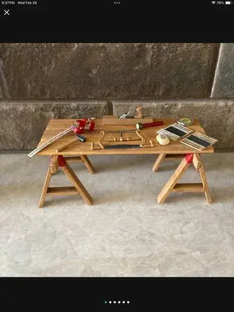 Dollhouse miniatures, workbench, sawhorses, tools