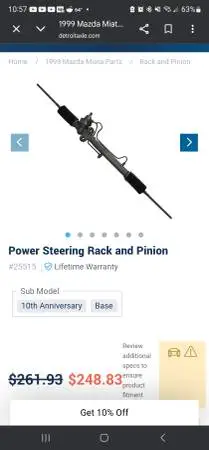 1999 Mazda Miata Power Steering Rack and Pinion