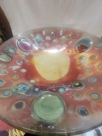 Huge Vintage Hand made Art Glass Bowl - 1970s colors and OP Art design