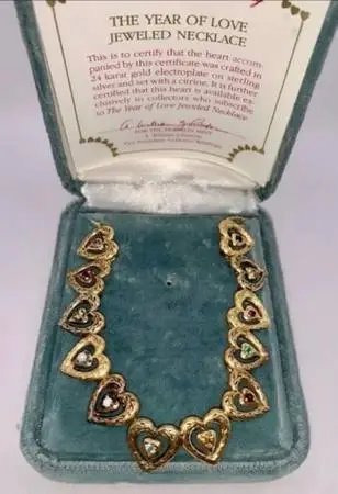 1985 Sterling 24K Gold Vermeil Year of Love Gemstone Hearts Necklace