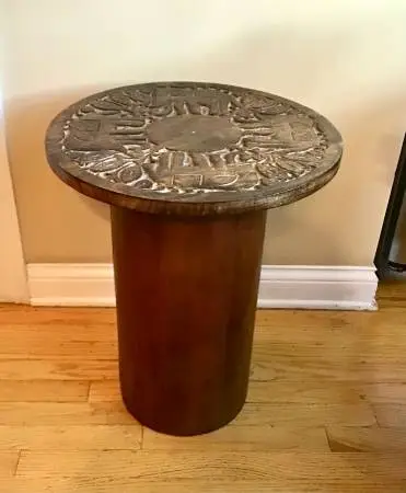 Walnut wood round pedestal accent table made in India