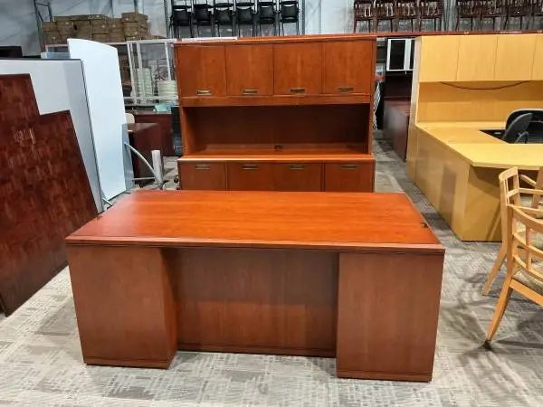 Desk and Credenza w/ Hutch Set   in Cherry Wood Finish   by Kimball Office Furni