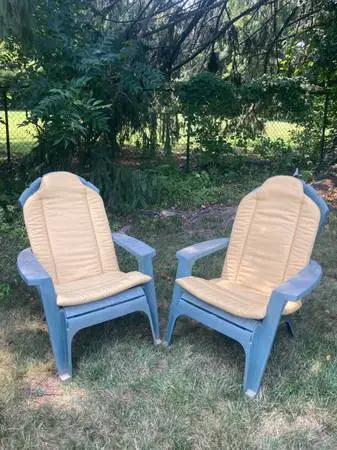 MUST GO!!! Pair of Plastic Adirondack Chairs With Cushions