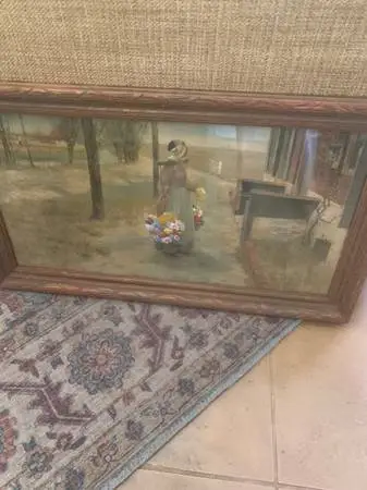 “Girl With Flowers” Antique Hand-Colored Print And Frame Hitchcock