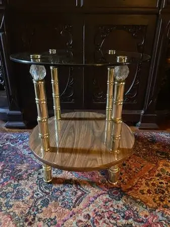 Vintage glass and gold faux wood end table