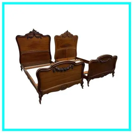 Twin Size Louis Xv Style Antique Carved Wood Bed Frames, Pair