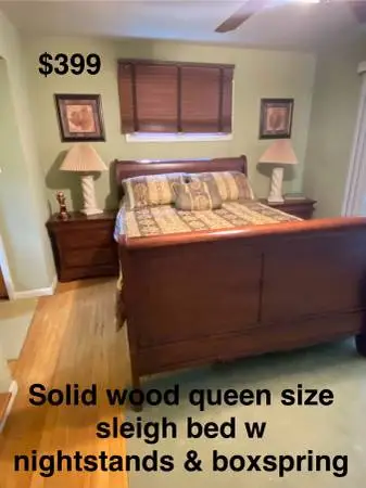 Queen bedroom set Solid mahogany BED w matching nightstands and more…