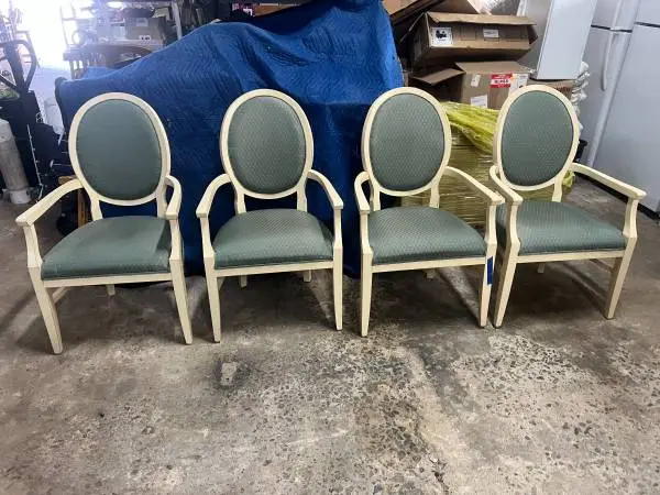 2 Accent Cream Color Armed Chairs w/Green Cushions