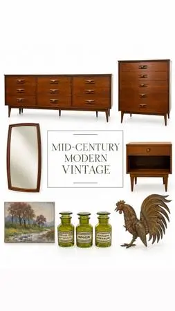 Vintage Mid Century Modern Credenza Dresser Sofa Table Rug Desk Art Painting (Bi