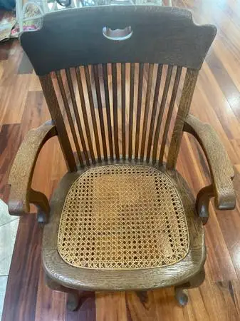 Antique Oak Desk Armchair / Bankers Chair with Hand-Woven Cane Seat