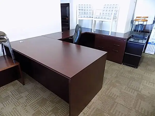 Mahogany  U shape work station desk with multi drawer cabinet