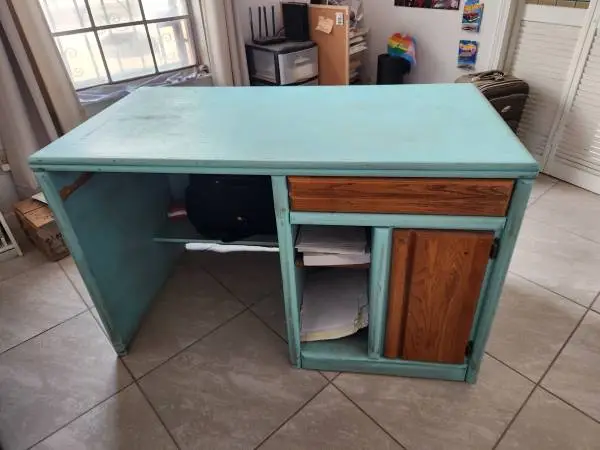 Desk, shelf and stool