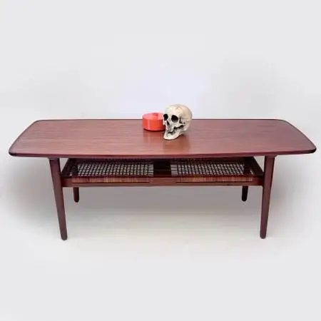 Vintage Mid Century Danish Modern Teak Coffee Table & Caned Shelf MCM
