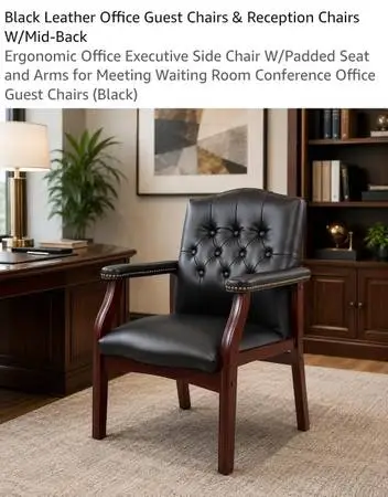 Leather chair with dark wood.