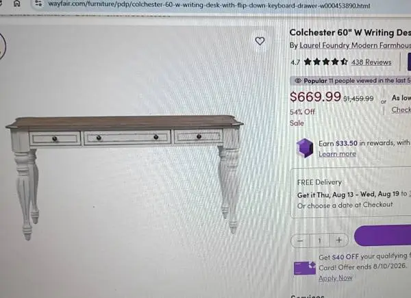 Liberty Furniture 60 Desk with 3 drawers 6 months old downsizing