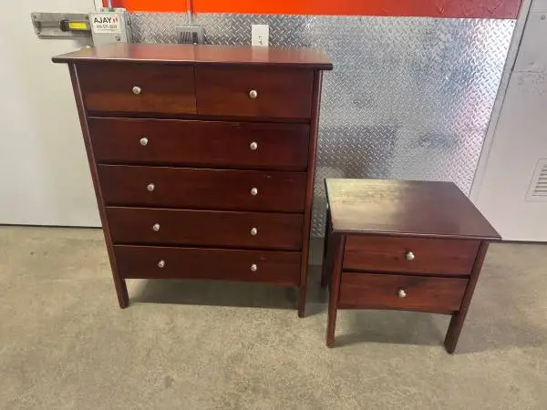 6-drawer tall boy chest dresser brown solid wood & matching nightstand