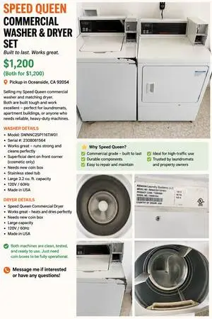 🔥 SPEED QUEEN COMMERCIAL WASHER & GAS DRYER SET — $1,200 OBO