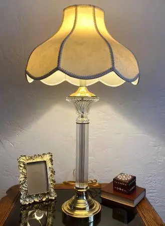 Vintage Brass and Crystal Table Lamp with Scalloped Shade