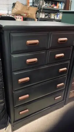 Solid Maple Dresser 5 dovetail drawers black with dark walnut handles,