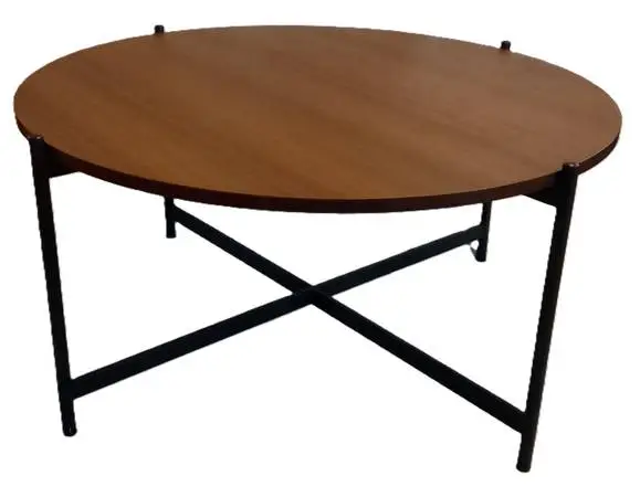 Modern Round Coffee Table – Wood‑Grain Top & Black Steel Legs