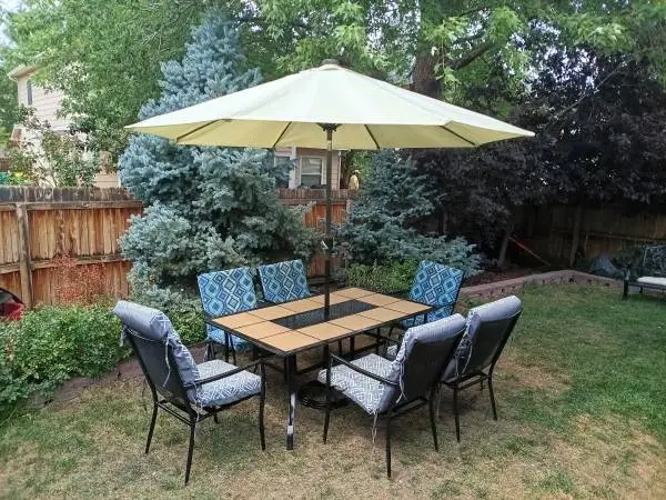 Outdoor Patio Furniture Set Umbrella 88 tall Table 6 Chairs w Cushion