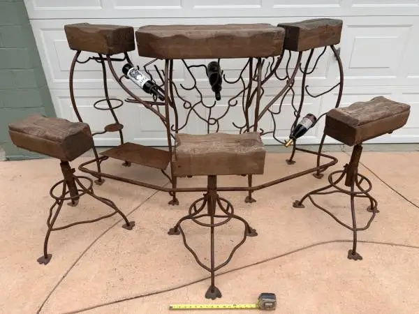Vintage Spanish Brutalist Heavy Wrought Iron Wine Bar & 3 Bar Stools