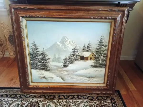 Winter Scene Cabin in The Mountains Painting 32 x 27 w custom Frame