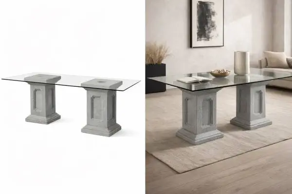 Modern Glass Dining Table w/ Solid Concrete Pedestal Bases – Heavy Statement P